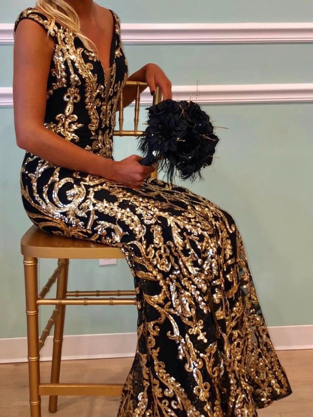Jovani Black and Gold Sequin Formal Gown